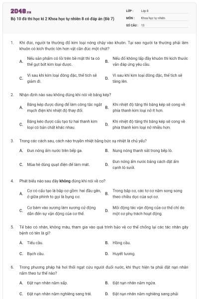 Bộ 10 đề thi học kì 2 Khoa học tự nhiên 8 có đáp án (Đề 7)