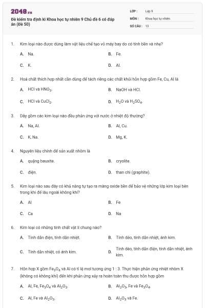 Đề kiểm tra định kì Khoa học tự nhiên 9 Chủ đề 6 có đáp án (Đề 50)