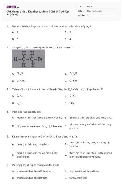 Đề kiểm tra định kì Khoa học tự nhiên 9 Chủ đề 7 có đáp án (Đề 51)