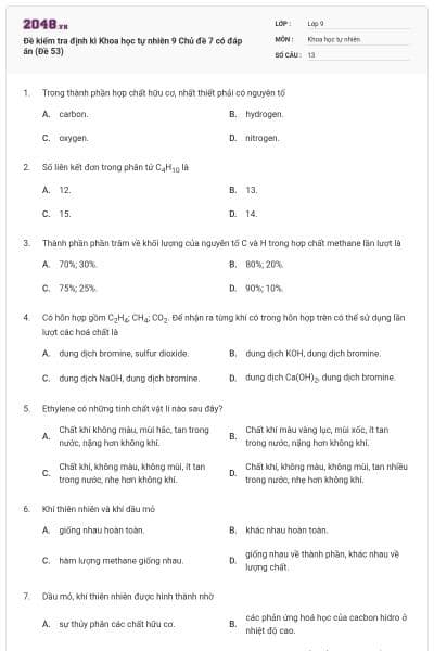 Đề kiểm tra định kì Khoa học tự nhiên 9 Chủ đề 7 có đáp án (Đề 53)