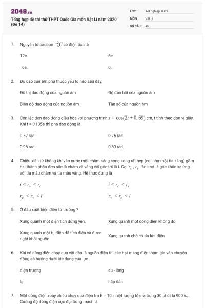 Tổng hợp đề thi thử THPT Quốc Gia môn Vật Lí năm 2020 (Đề 14)