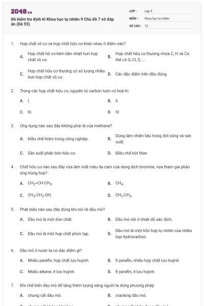 Đề kiểm tra định kì Khoa học tự nhiên 9 Chủ đề 7 có đáp án (Đề 55)