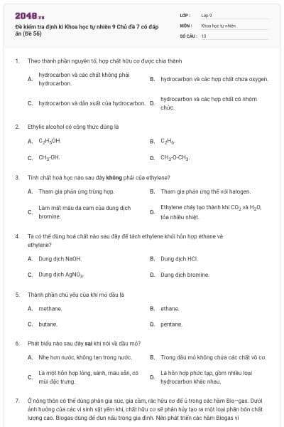 Đề kiểm tra định kì Khoa học tự nhiên 9 Chủ đề 7 có đáp án (Đề 56)