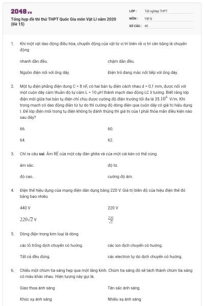 Tổng hợp đề thi thử THPT Quốc Gia môn Vật Lí năm 2020 (Đề 15)