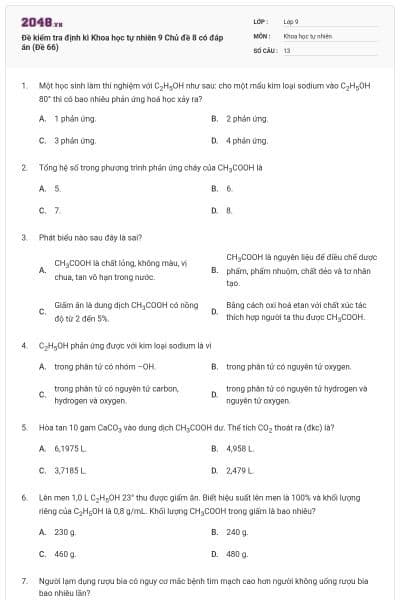 Đề kiểm tra định kì Khoa học tự nhiên 9 Chủ đề 8 có đáp án (Đề 66)
