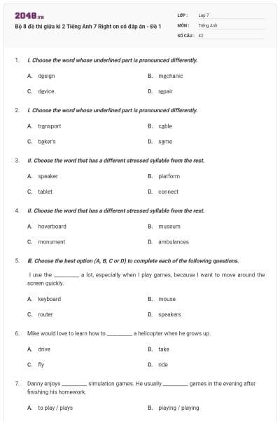 Bộ 8 đề thi giữa kì 2 Tiếng Anh 7 Right on có đáp án - Đề 1