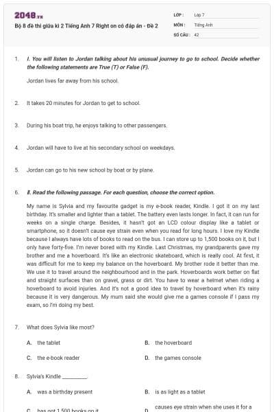 Bộ 8 đề thi giữa kì 2 Tiếng Anh 7 Right on có đáp án - Đề 2