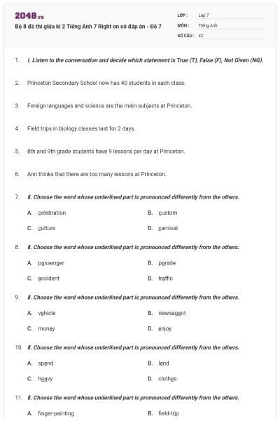 Bộ 8 đề thi giữa kì 2 Tiếng Anh 7 Right on có đáp án - Đề 7