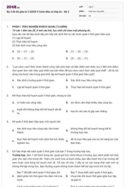 Bộ 3 đề thi giữa kì 2 GDCD 9 Cánh diều có đáp án - Đề 2
