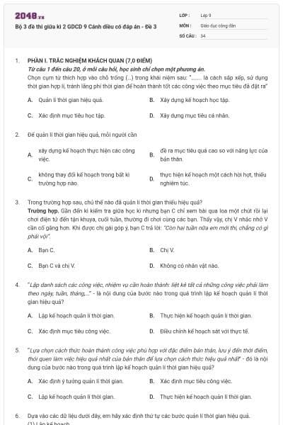 Bộ 3 đề thi giữa kì 2 GDCD 9 Cánh diều có đáp án - Đề 3