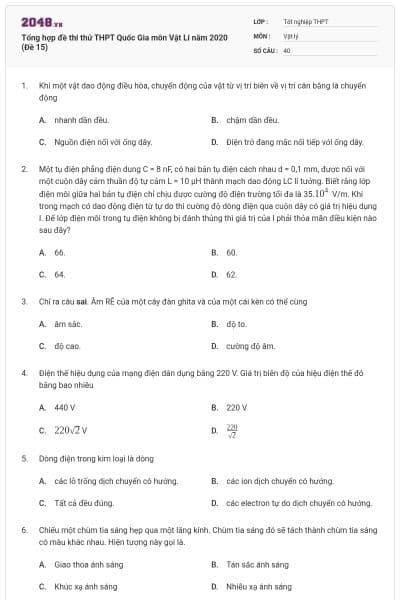 Tổng hợp đề thi thử THPT Quốc Gia môn Vật Lí năm 2020 (Đề 15)