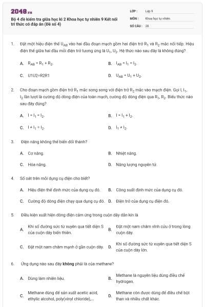 Bộ 4 đề kiểm tra giữa học kì 2 Khoa học tự nhiên 9 Kết nối tri thức có đáp án (Đề số 4)