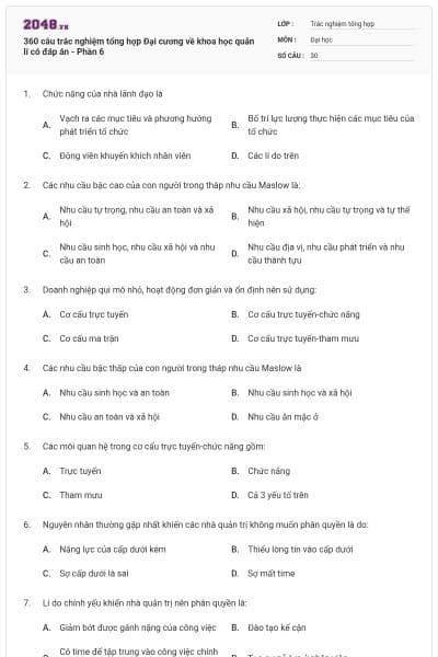 360 câu trắc nghiệm tổng hợp Đại cương về khoa học quản lí có đáp án - Phần 6
