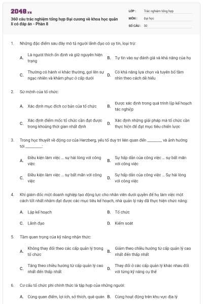 360 câu trắc nghiệm tổng hợp Đại cương về khoa học quản lí có đáp án - Phần 8