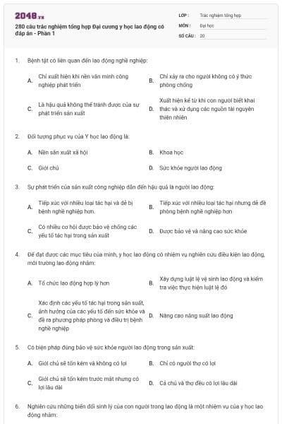 280 câu trắc nghiệm tổng hợp Đại cương y học lao động có đáp án - Phần 1