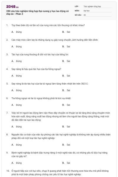 280 câu trắc nghiệm tổng hợp Đại cương y học lao động có đáp án - Phần 3