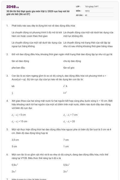 30 Đề thi thử thpt quốc gia môn Vật Lí 2020 cực hay nói lời giải chi tiết (Đề số 07)