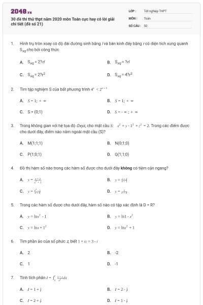 30 đề thi thử thpt năm 2020 môn Toán cực hay có lời giải chi tiết (đề số 21)