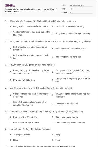 280 câu trắc nghiệm tổng hợp Đại cương y học lao động có đáp án - Phần 9