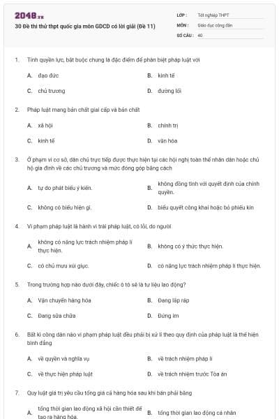 30 Đề thi thử thpt quốc gia môn GDCD có lời giải (Đề 11)