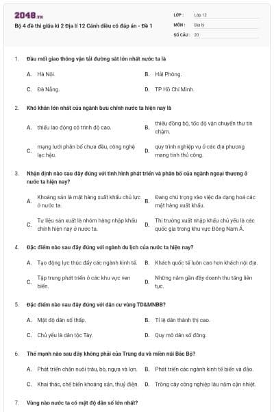 Bộ 4 đề thi giữa kì 2 Địa lí 12 Cánh diều có đáp án - Đề 1