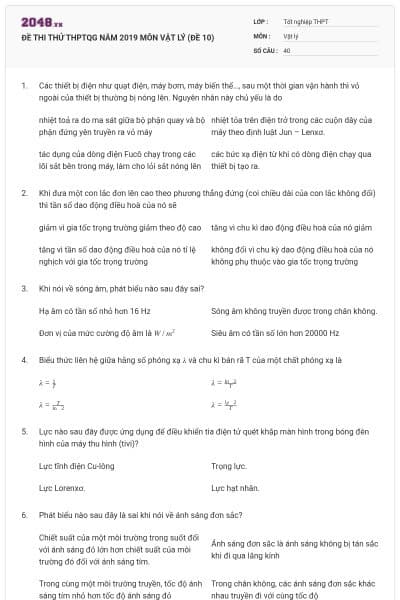 ĐỀ THI THỬ THPTQG NĂM 2019 MÔN VẬT LÝ (ĐỀ 10)