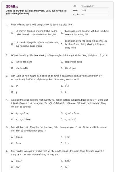 30 Đề thi thử thpt quốc gia môn Vật Lí 2020 cực hay nói lời giải chi tiết (Đề số 07)