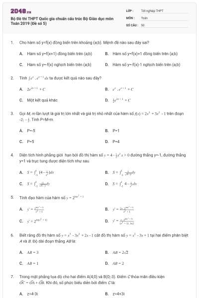 Bộ Đề thi THPT Quốc gia chuẩn cấu trúc Bộ Giáo dục môn Toán 2019 (Đề số 5)