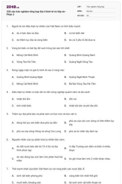 330 câu trắc nghiệm tổng hợp Địa lí kinh tế có đáp án - Phần 3