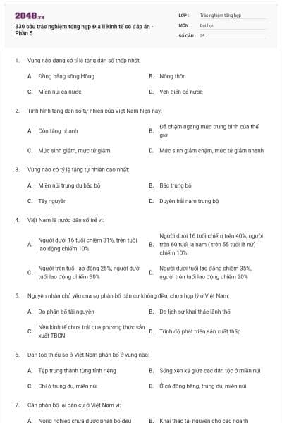 330 câu trắc nghiệm tổng hợp Địa lí kinh tế có đáp án - Phần 5