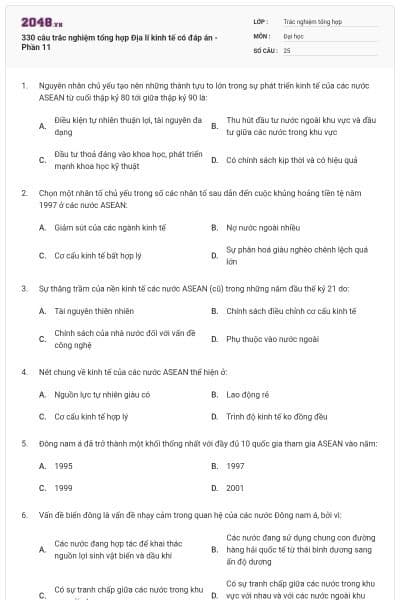 330 câu trắc nghiệm tổng hợp Địa lí kinh tế có đáp án - Phần 11