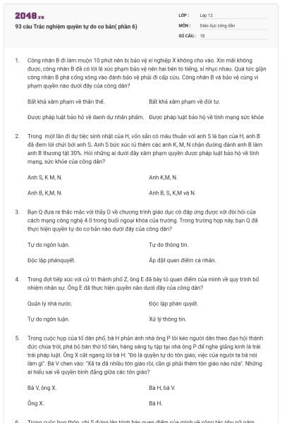 93 câu Trắc nghiệm quyền tự do cơ bản( phần 6)