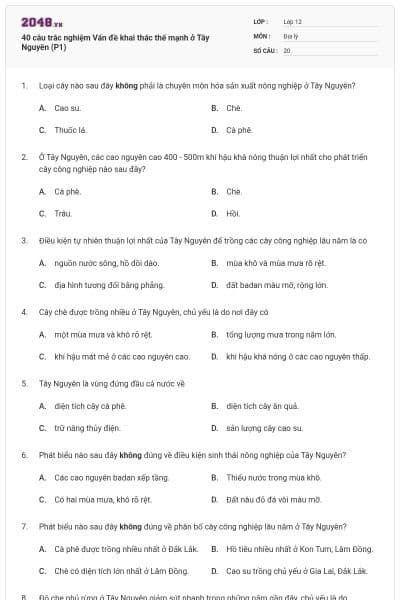 40 câu trắc nghiệm Vấn đề khai thác thế mạnh ở Tây Nguyên (P1)