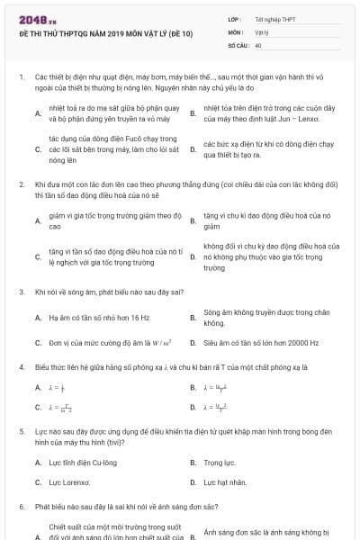 ĐỀ THI THỬ THPTQG NĂM 2019 MÔN VẬT LÝ (ĐỀ 10)