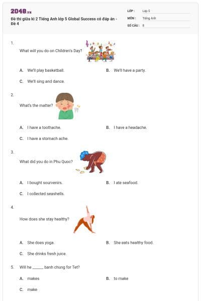 Đề thi giữa kì 2 Tiếng Anh lớp 5 Global Success có đáp án - Đề 4