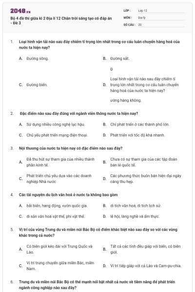 Bộ 4 đề thi giữa kì 2 Địa lí 12 Chân trời sáng tạo có đáp án - Đề 3