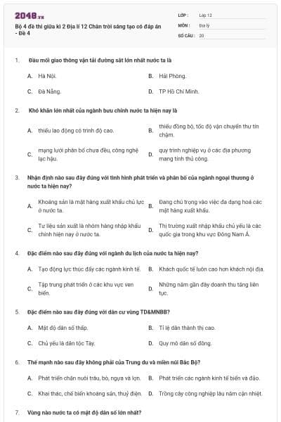 Bộ 4 đề thi giữa kì 2 Địa lí 12 Chân trời sáng tạo có đáp án - Đề 4