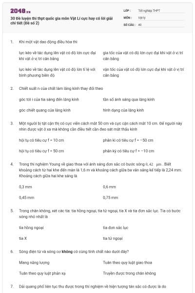 30 Đề luyện thi thpt quốc gia môn Vật Lí cực hay có lời giải chi tiết (Đề số 2)