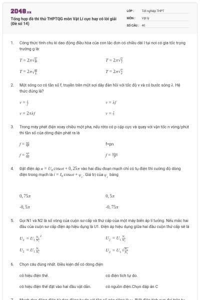 Tổng hợp đề thi thử THPTQG môn Vật Lí cực hay có lời giải (Đề số 14)