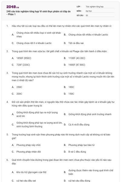 240 câu trắc nghiệm tổng hợp Vi sinh thực phẩm có đáp án - Phần 1