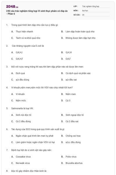 240 câu trắc nghiệm tổng hợp Vi sinh thực phẩm có đáp án - Phần 6