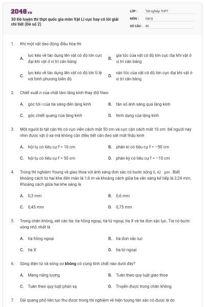 30 Đề luyện thi thpt quốc gia môn Vật Lí cực hay có lời giải chi tiết (Đề số 2)