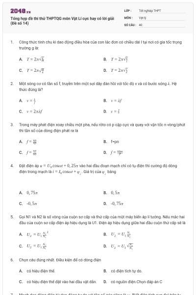 Tổng hợp đề thi thử THPTQG môn Vật Lí cực hay có lời giải (Đề số 14)