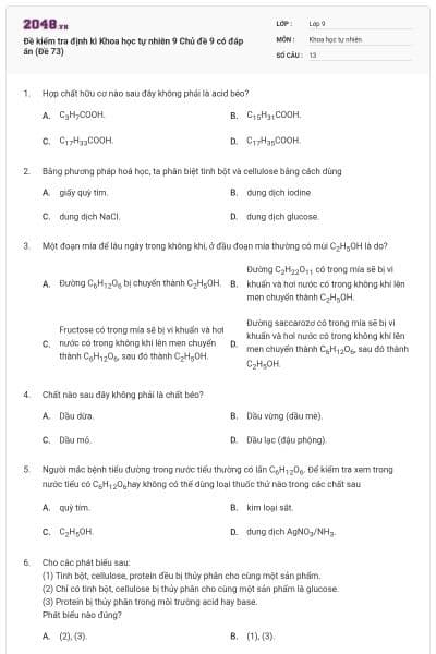 Đề kiểm tra định kì Khoa học tự nhiên 9 Chủ đề 9 có đáp án (Đề 73)