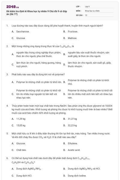 Đề kiểm tra định kì Khoa học tự nhiên 9 Chủ đề 9 có đáp án (Đề 77)