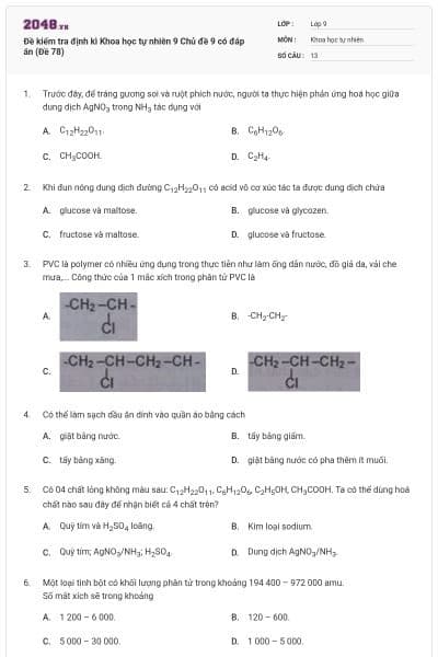 Đề kiểm tra định kì Khoa học tự nhiên 9 Chủ đề 9 có đáp án (Đề 78)