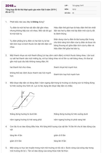 Tổng hợp đề thi thử thpt quốc gia môn Vật lí năm 2019 ( đề số 11)