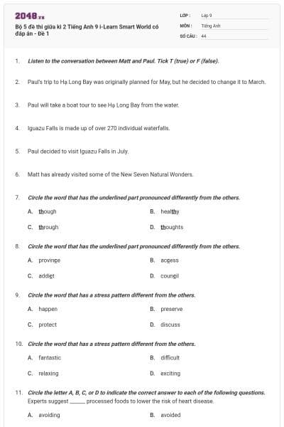 Bộ 5 đề thi giữa kì 2 Tiếng Anh 9 i-Learn Smart World có đáp án - Đề 1