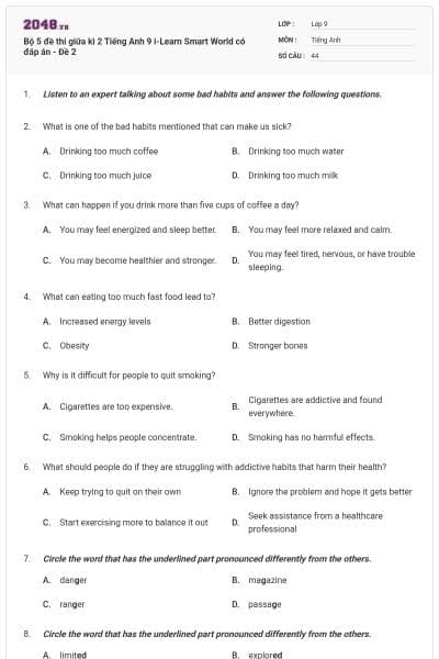 Bộ 5 đề thi giữa kì 2 Tiếng Anh 9 i-Learn Smart World có đáp án - Đề 2