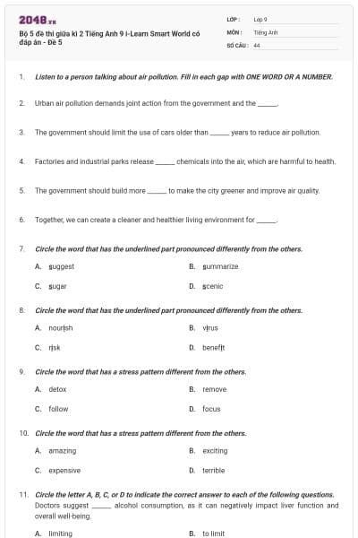 Bộ 5 đề thi giữa kì 2 Tiếng Anh 9 i-Learn Smart World có đáp án - Đề 5